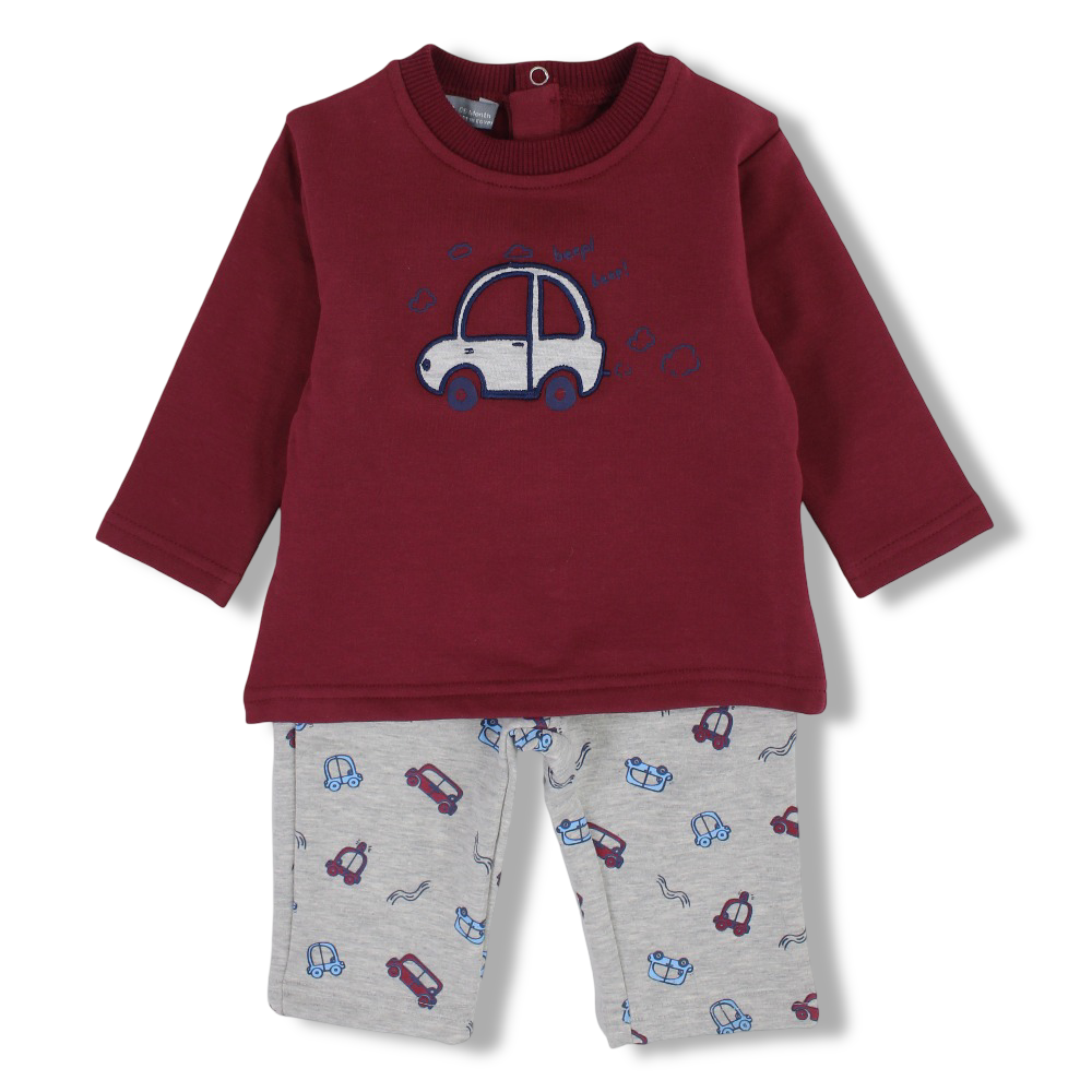 Baby Boys Cotton 2-Piece Outfit Set – Maroon/Grey with Car Design