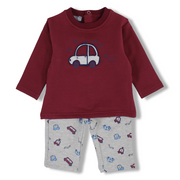 Baby Boys Cotton 2-Piece Outfit Set – Maroon/Grey with Car Design