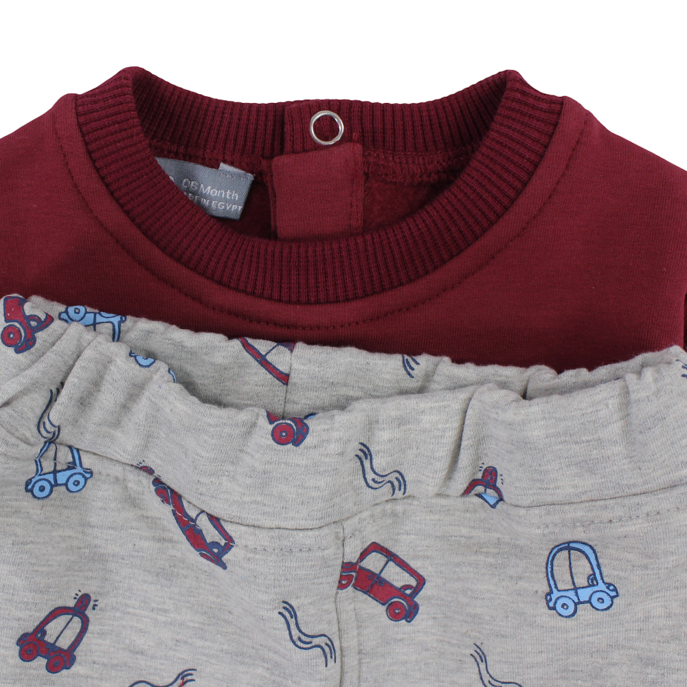 Baby Boys Cotton 2-Piece Outfit Set – Maroon/Grey with Car Design