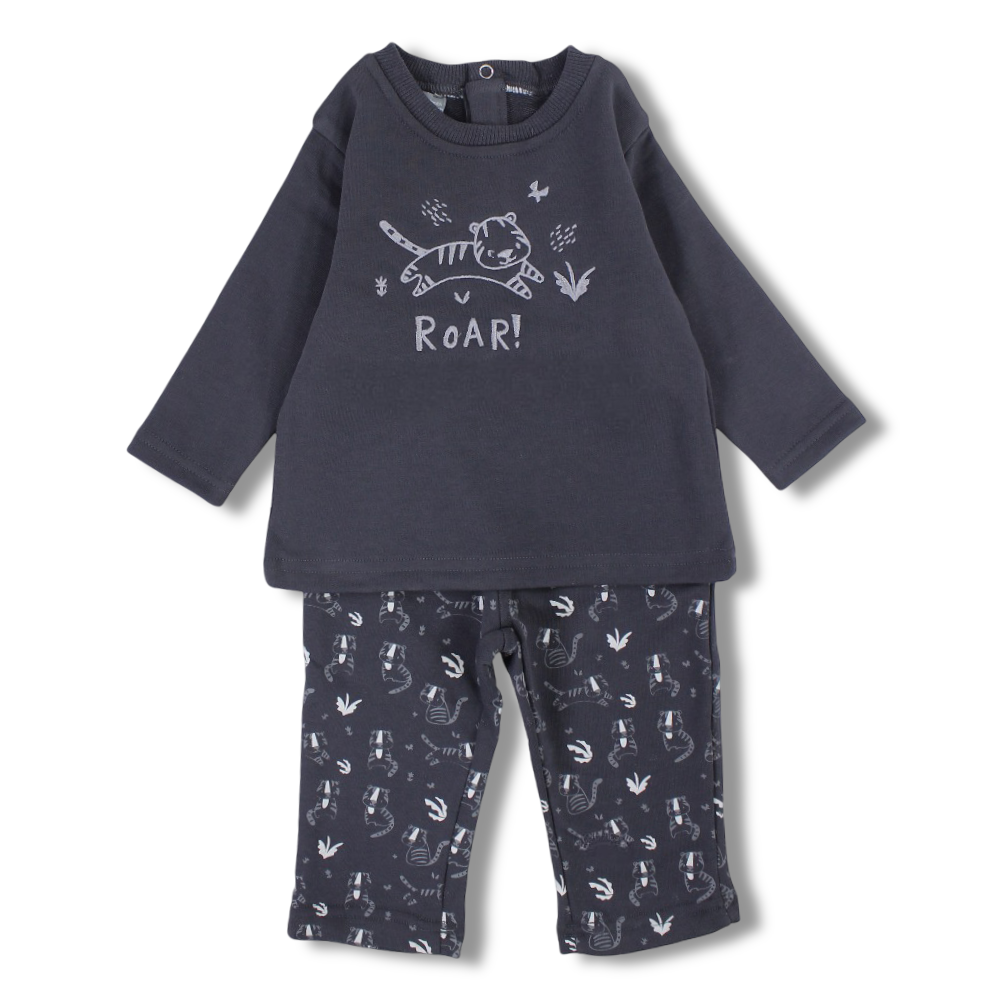 Baby Boys Cotton 2-Piece Outfit Set – Dark Grey with “ROAR!” Print