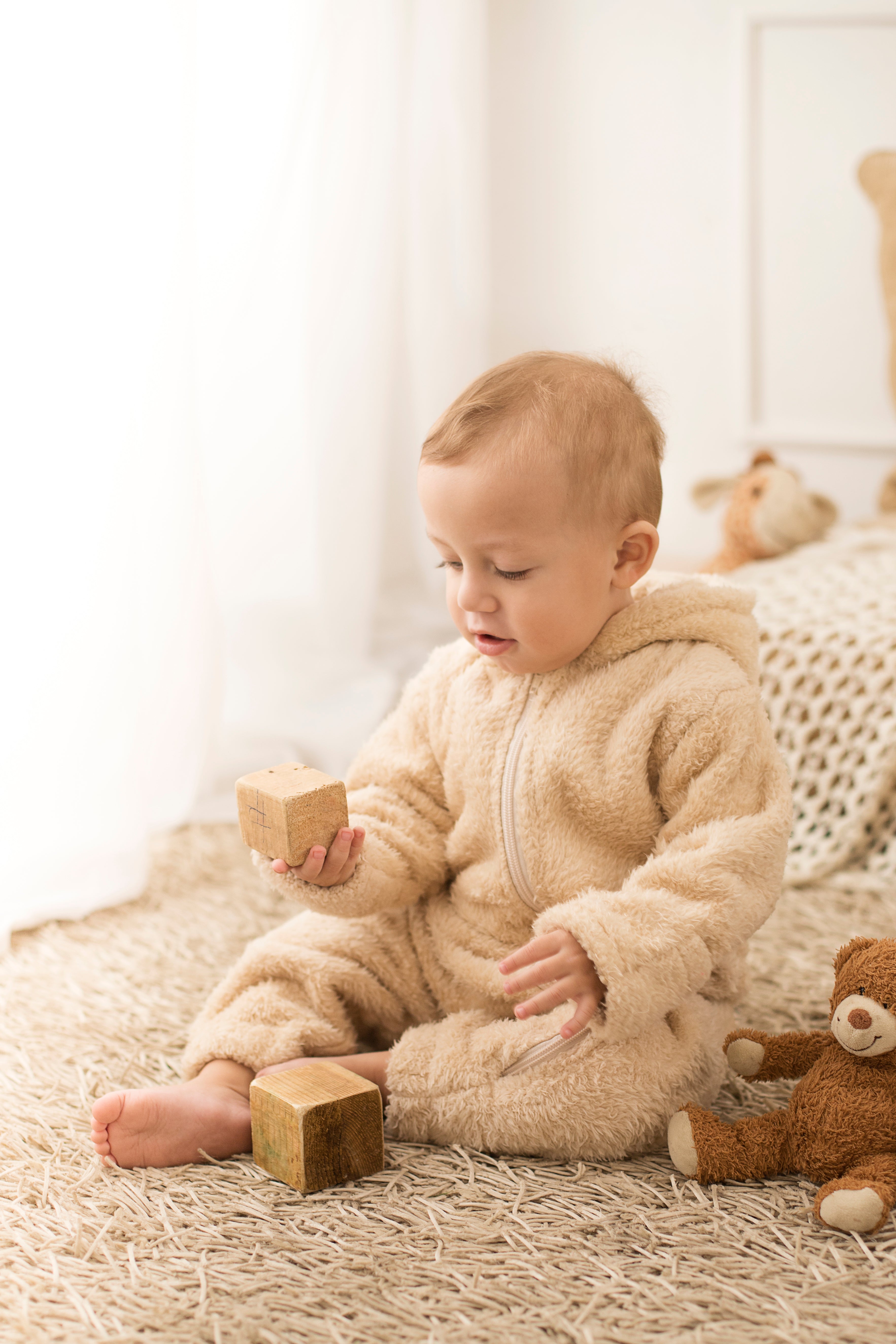 Unisex Baby Teddy Fleeced Hooded Footless Onesie – Beige