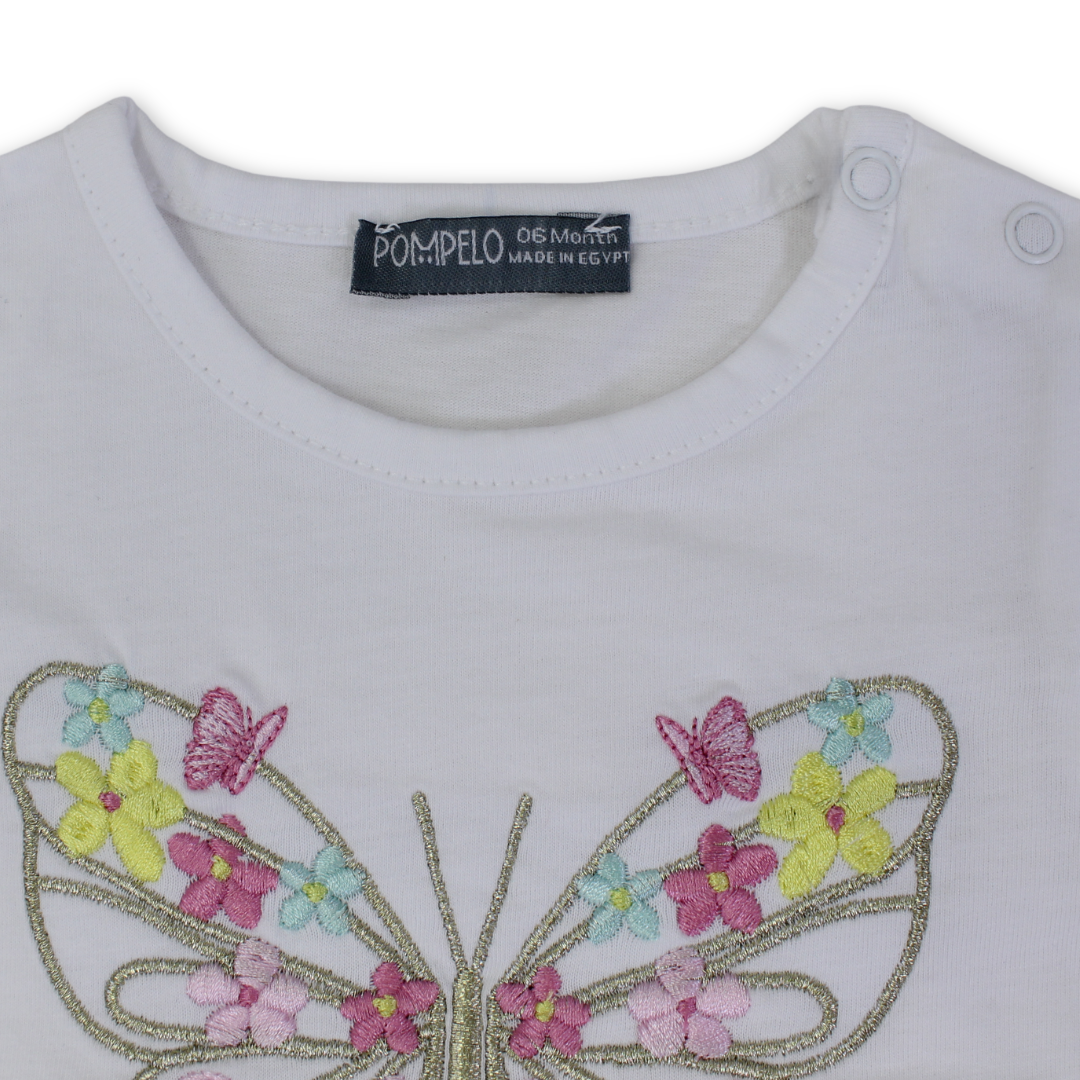 Baby Girls Cotton T-Shirt – White with Butterfly Print
