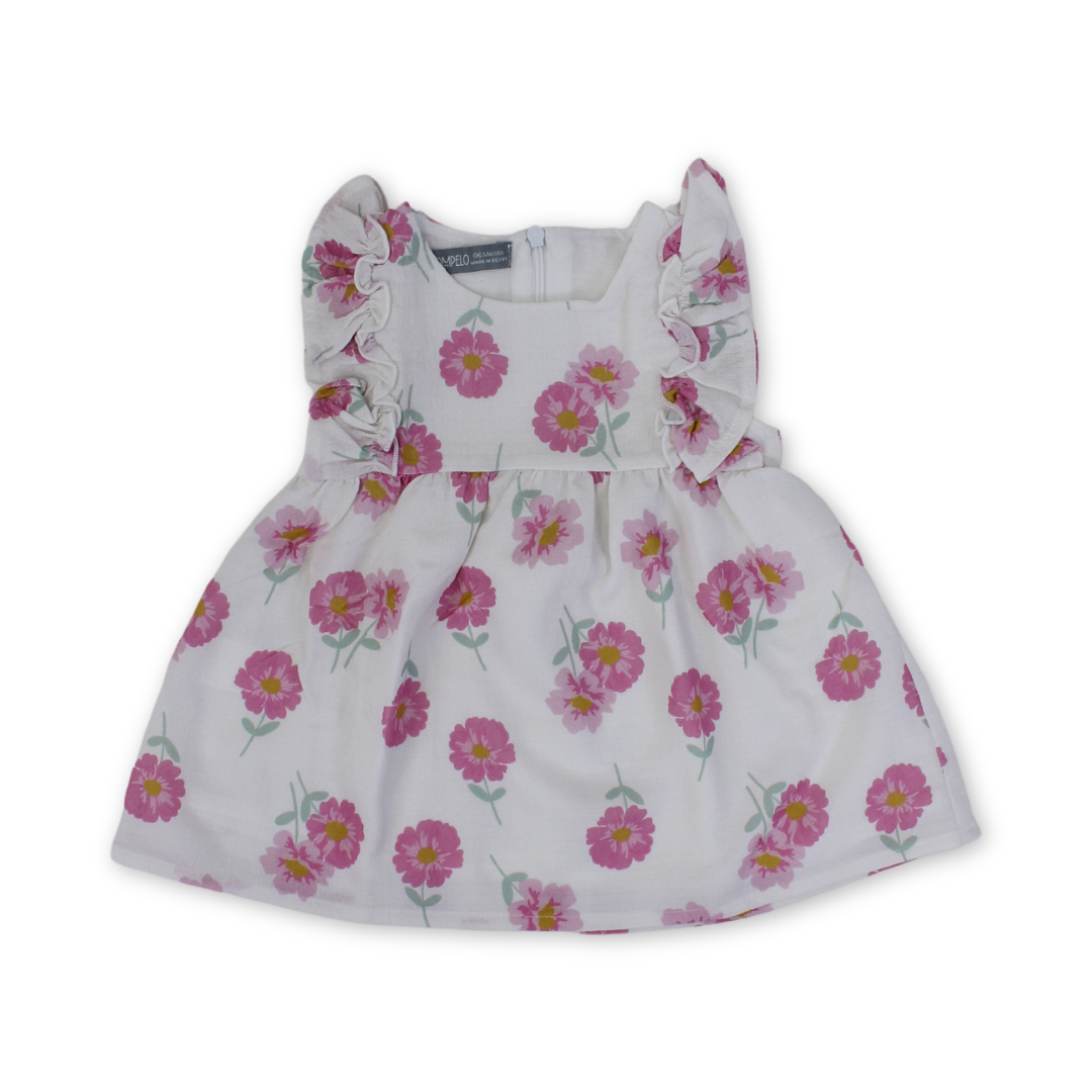 Baby Girls Cotton Dress – Off-White with Flowers Print - Clothing - Pompelo