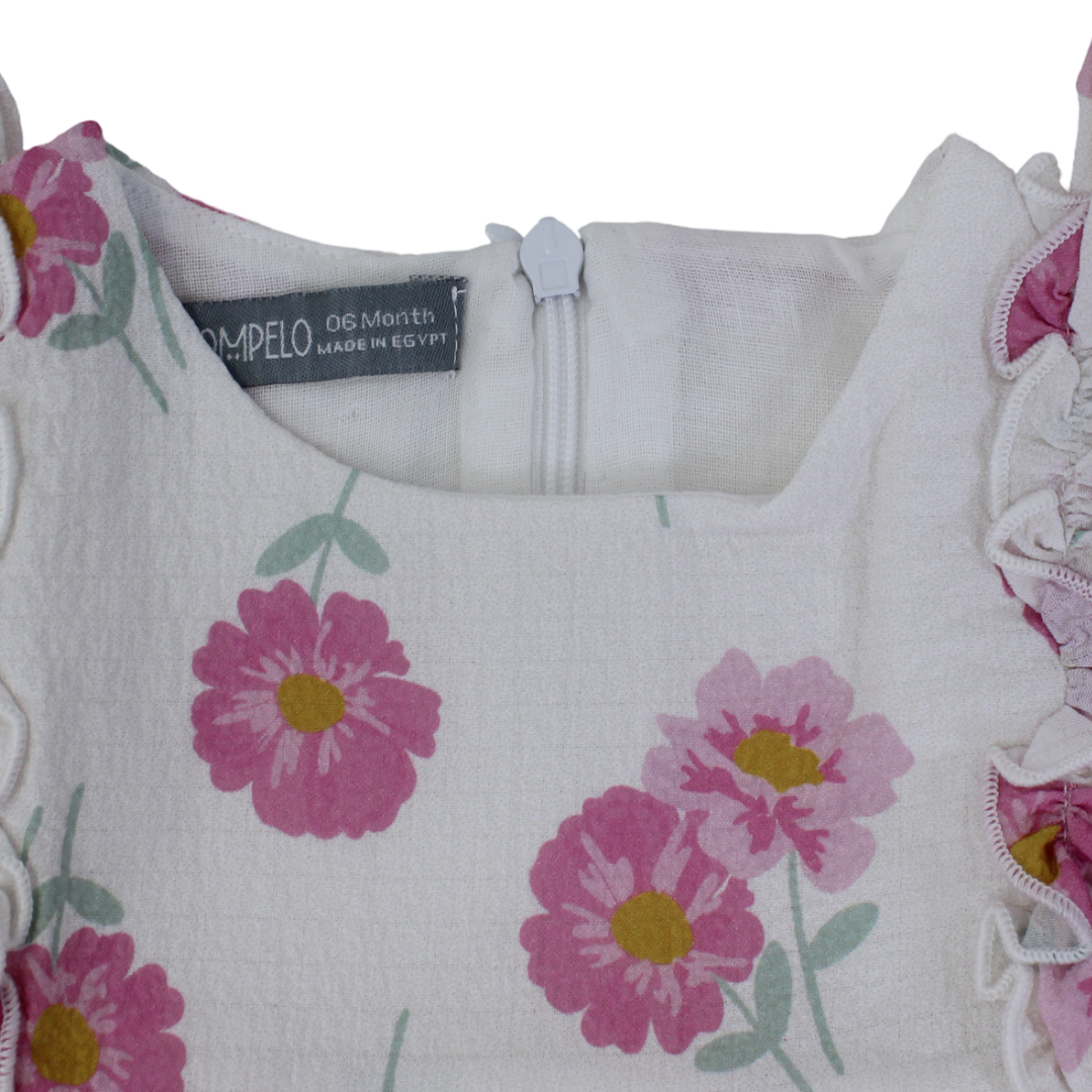 Baby Girls Cotton Dress – Off-White with Flowers Print