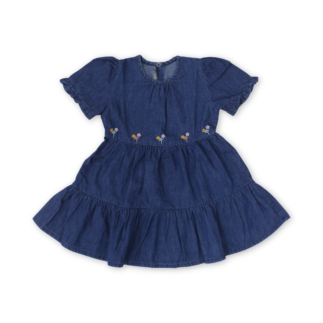 Baby Girls Cotton Denim Dress – Navy with Flowers Embroidery