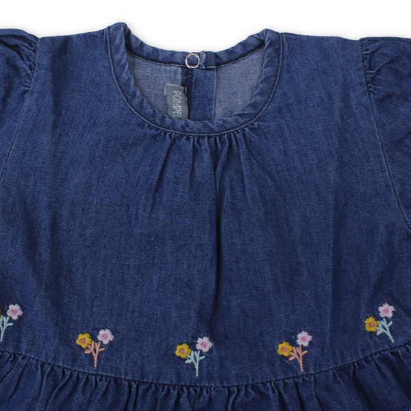 Baby Girls Cotton Denim Dress – Navy with Flowers Embroidery