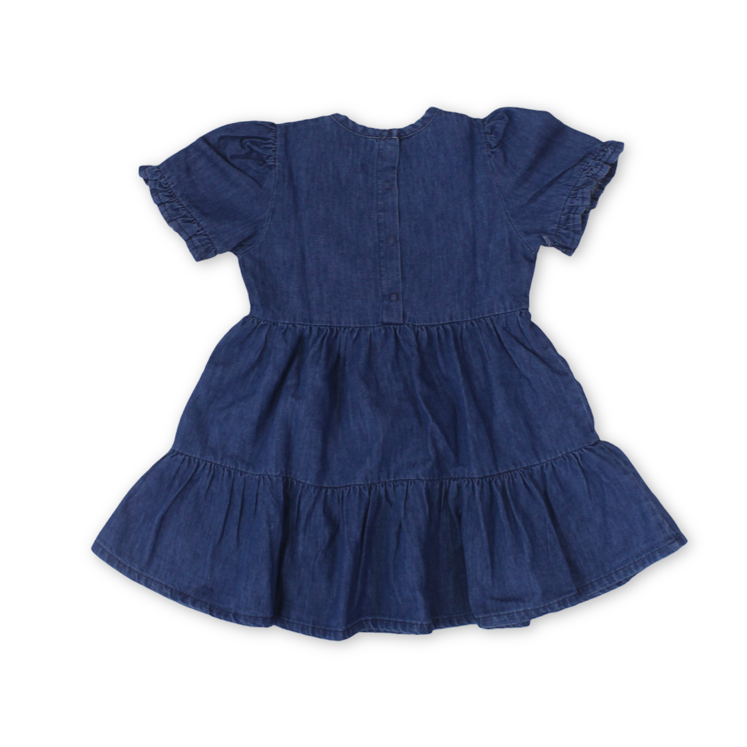Baby Girls Cotton Denim Dress – Navy with Flowers Embroidery