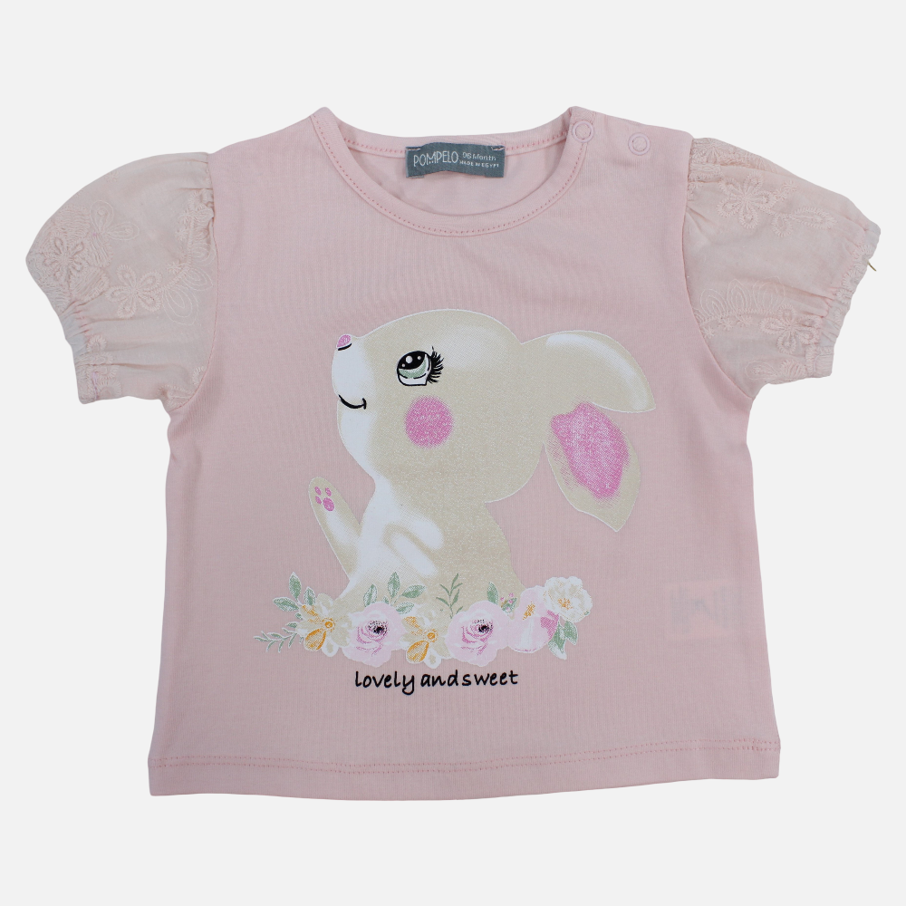 Baby Girls Cotton T-Shirt – Rose Pink with Bunny Print