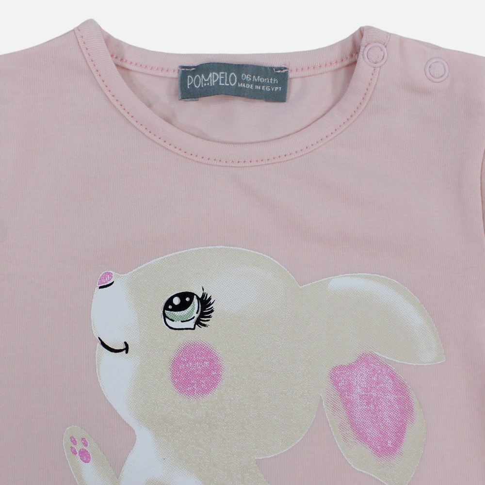 Baby Girls Cotton T-Shirt – Rose Pink with Bunny Print
