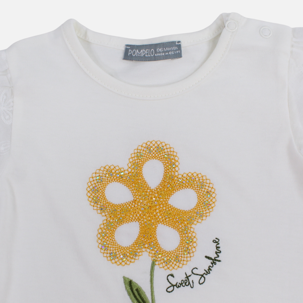 Baby Girls Cotton T-Shirt - Off-White with Flower Design