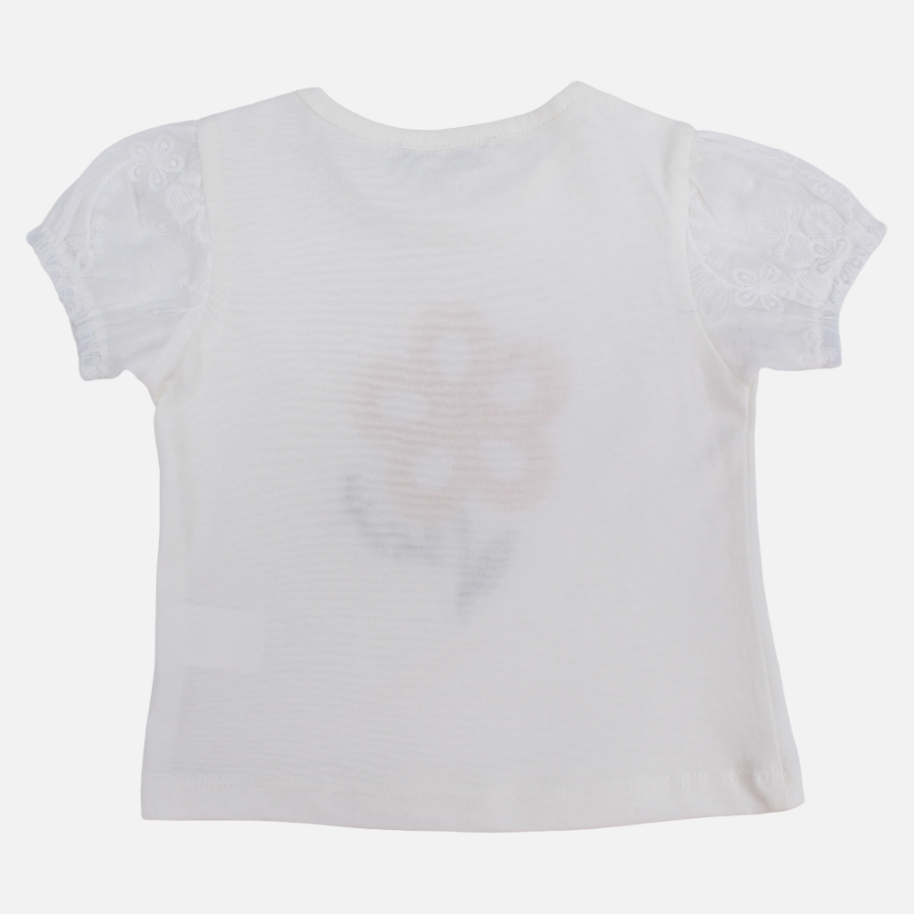 Baby Girls Cotton T-Shirt - Off-White with Flower Design