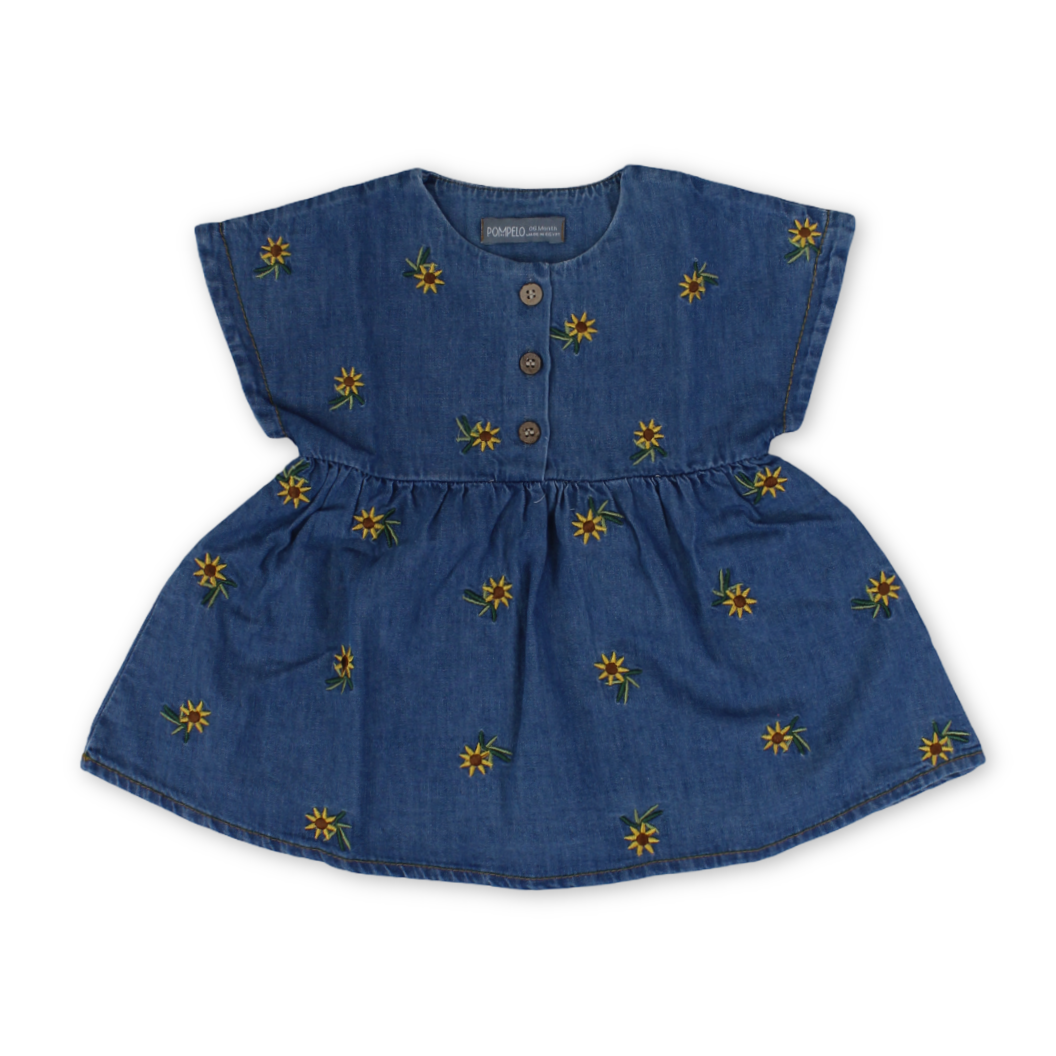 Baby Girls Denim Dress – Navy with Sunflower Embroidery - Clothing - Pompelo