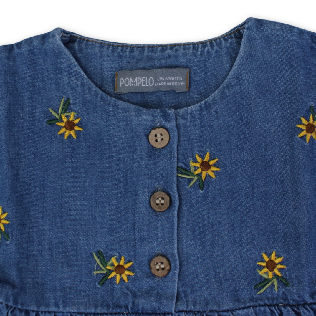 Baby Girls Denim Dress – Navy with Sunflower Embroidery
