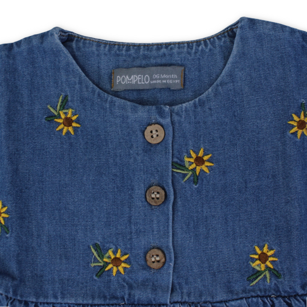 Baby Girls Denim Dress – Navy with Sunflower Embroidery