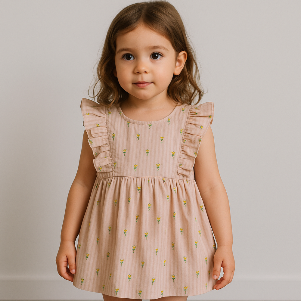 Baby Girls Cotton Dress – Salmon with Little Flowers