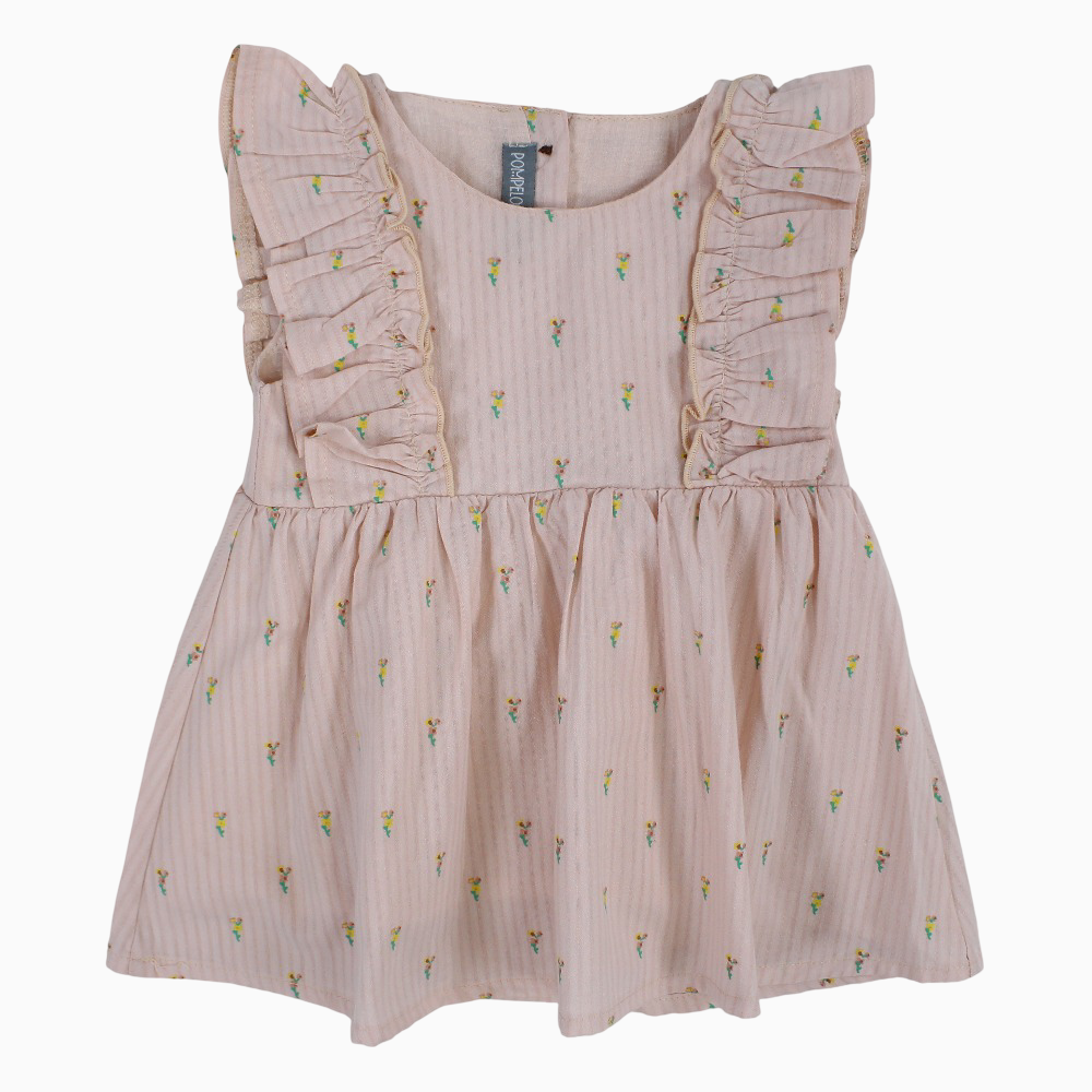 Baby Girls Cotton Dress – Salmon with Little Flowers