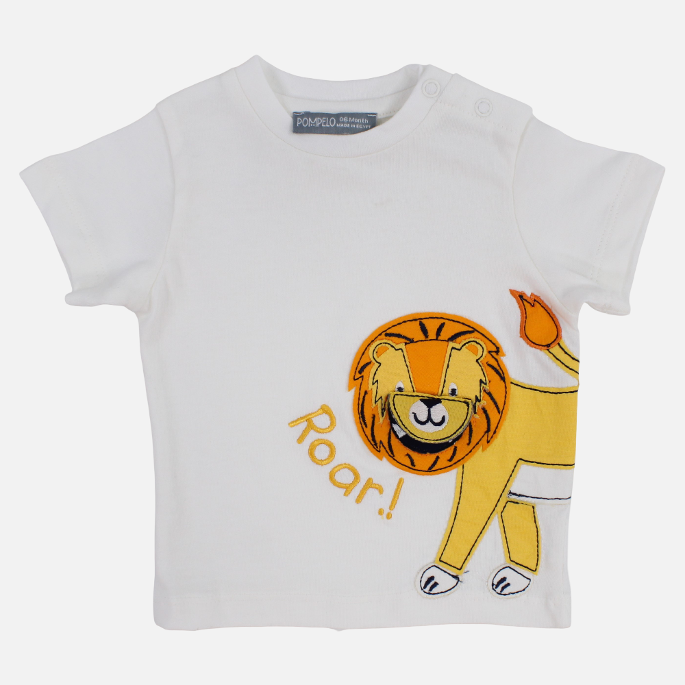 Baby Boys Cotton T-Shirt – Off-White with Roaring Lion Design