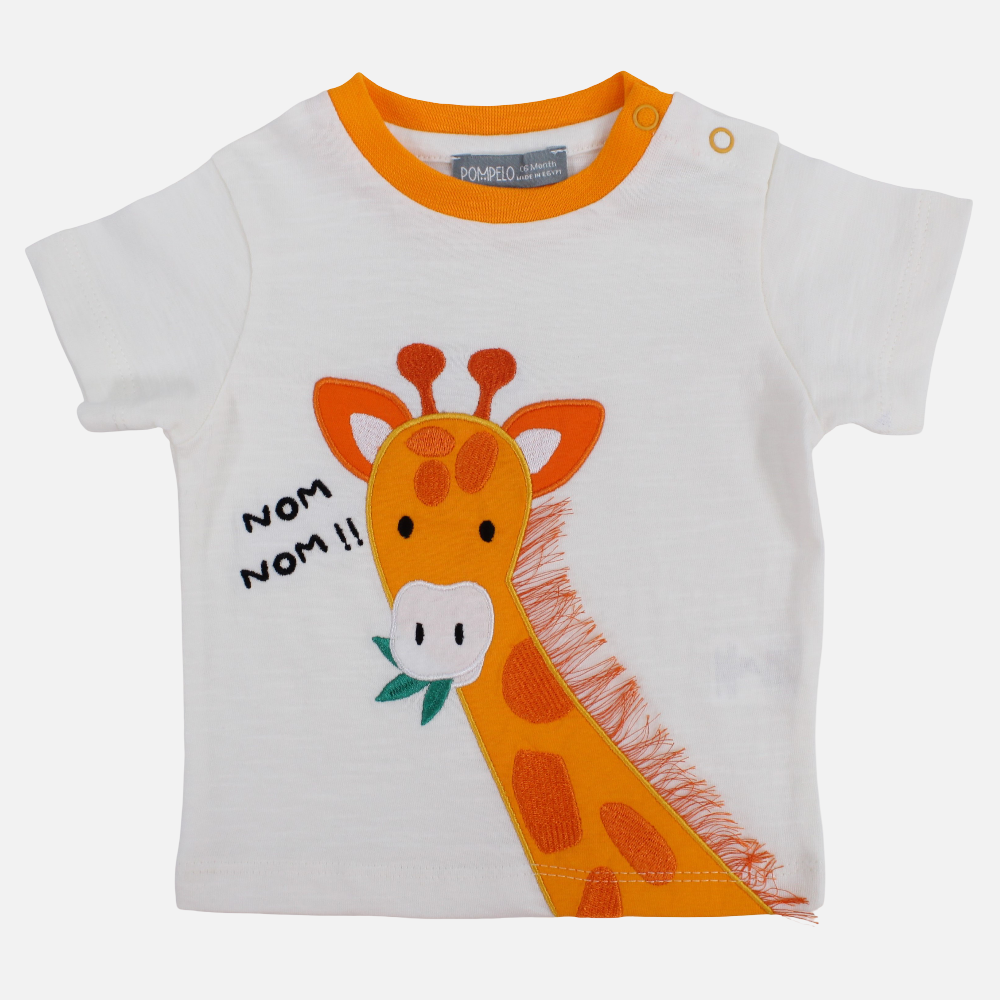 Baby Boys Cotton T-Shirt – Off-White with Giraffe Design