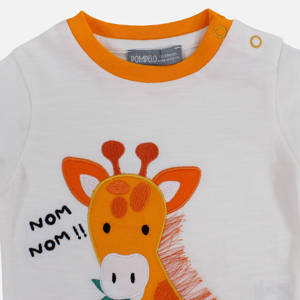Baby Boys Cotton T-Shirt – Off-White with Giraffe Design