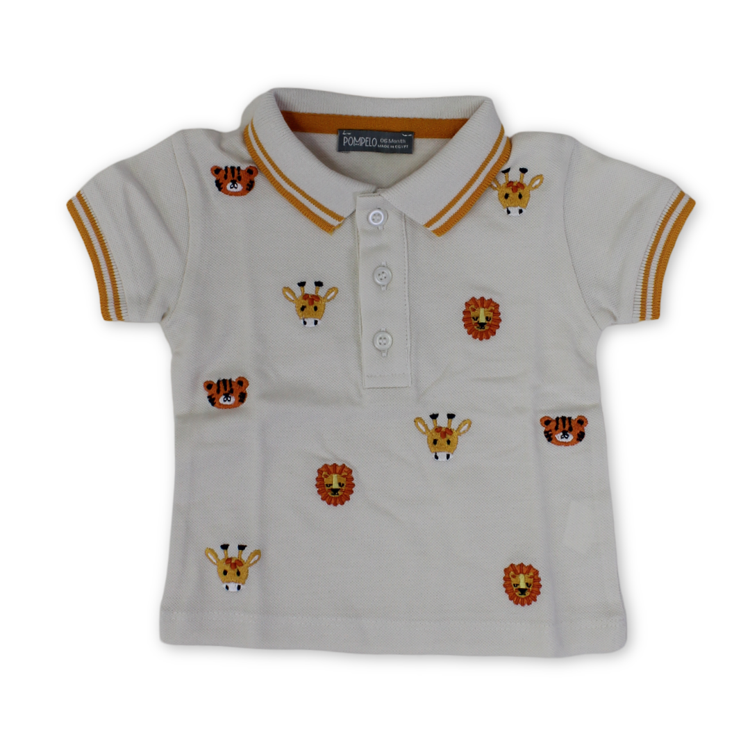Baby Boys Cotton Polo – Off-White with Animals Embroidery - Clothing - Pompelo