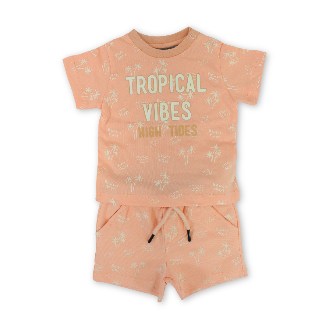 Baby Boys Cotton Outfit Set – Salmon with "Tropical Vibes" Print