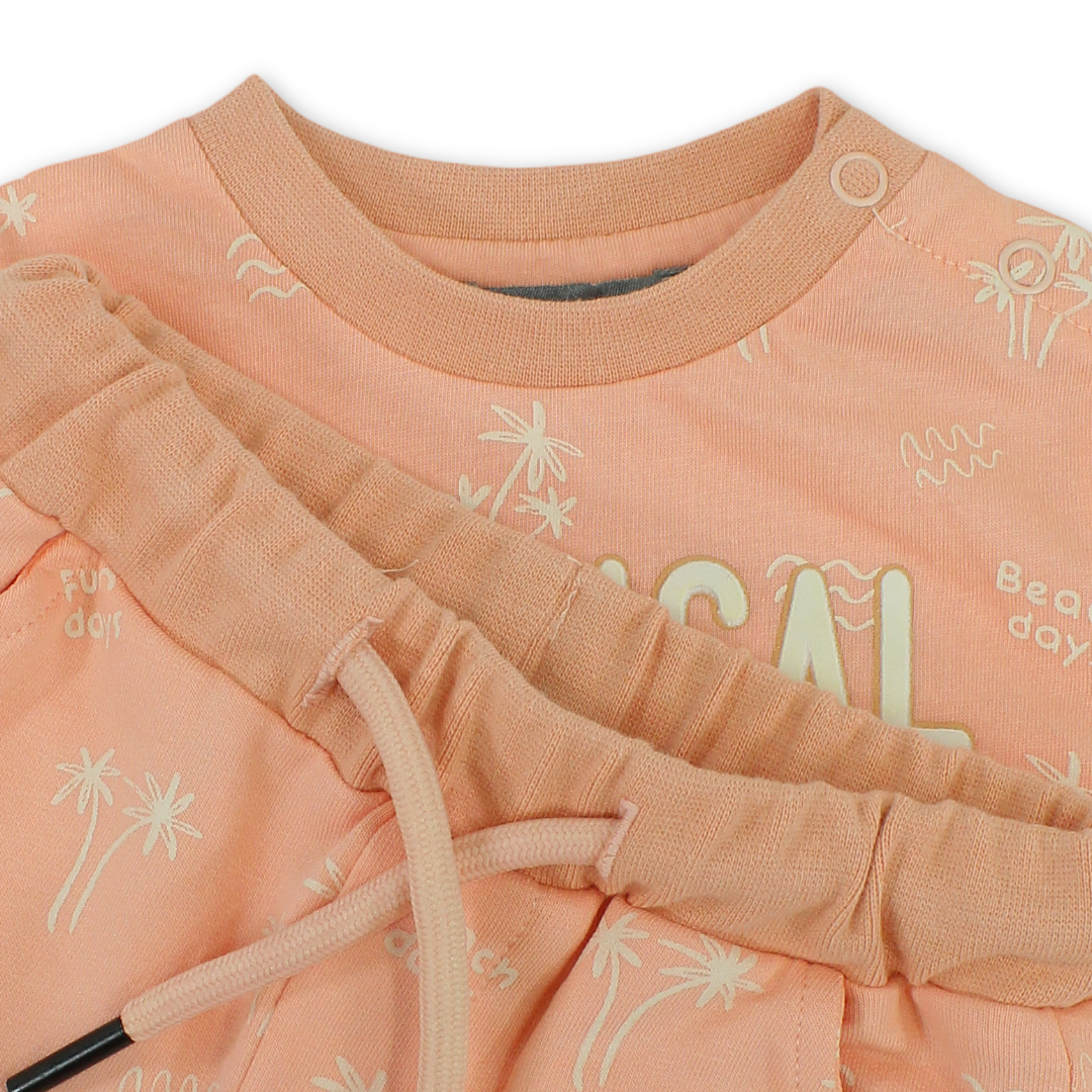 Baby Boys Cotton Outfit Set – Salmon with "Tropical Vibes" Print