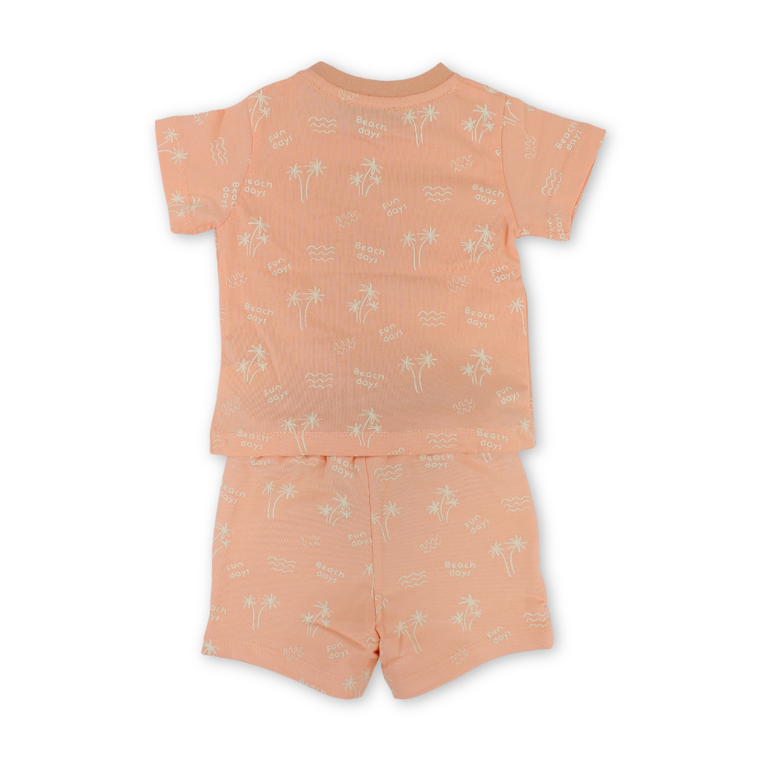 Baby Boys Cotton Outfit Set – Salmon with "Tropical Vibes" Print
