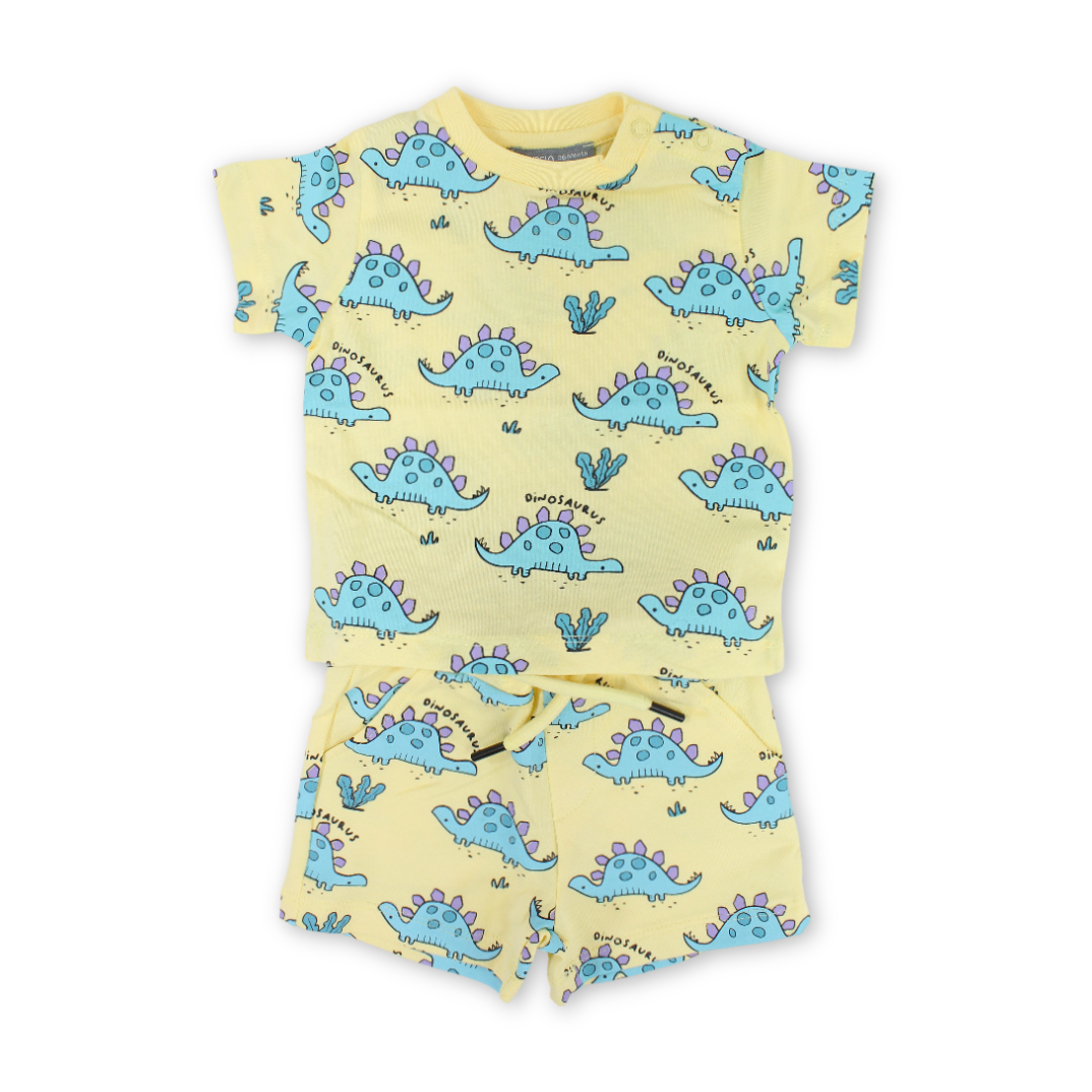 Baby Boys Cotton Outfit Set – Yellow with Dino Print