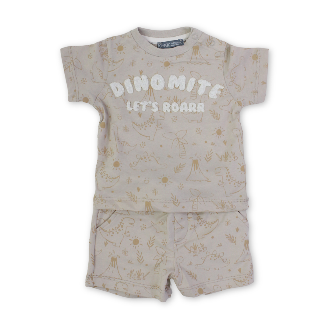 Baby Boys Cotton Outfit Set – Beige with "Dino Mite Let's Roarr" Embroidery - Clothing - Pompelo