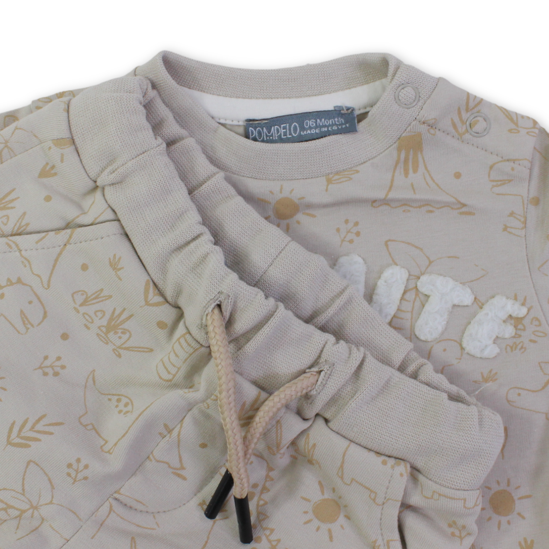 Baby Boys Cotton Outfit Set – Beige with "Dino Mite Let's Roarr" Embroidery