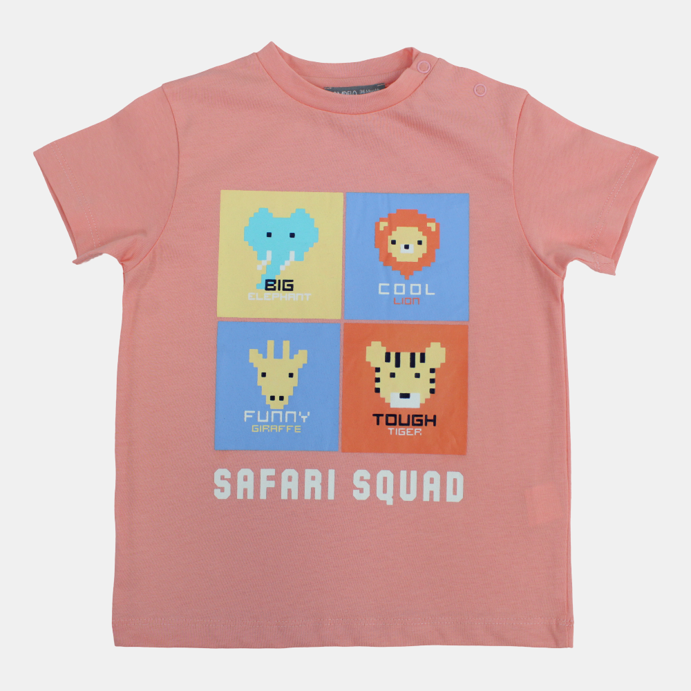 Baby Boys Cotton T-Shirt – Salmon with Animal Print