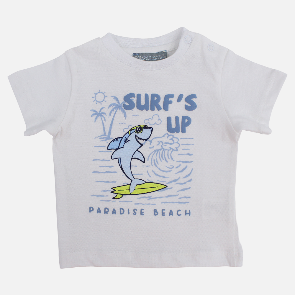 Baby Boys Cotton T-Shirt – White with Surfing Shark Design