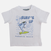 Baby Boys Cotton T-Shirt – White with Surfing Shark Design