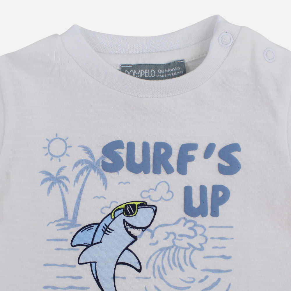 Baby Boys Cotton T-Shirt – White with Surfing Shark Design