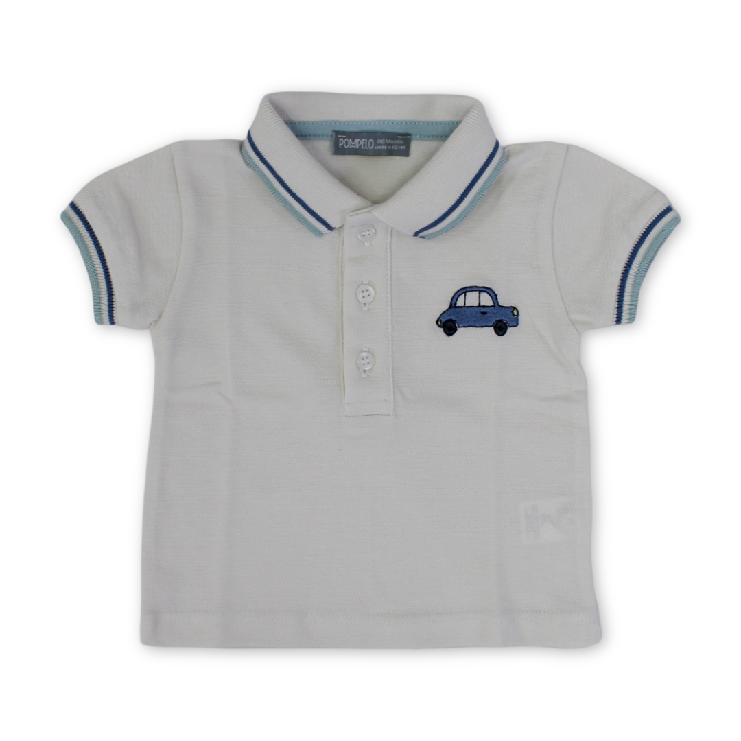 Baby Boys Cotton Polo – Off-White with Car Embroidery - Clothing - Pompelo