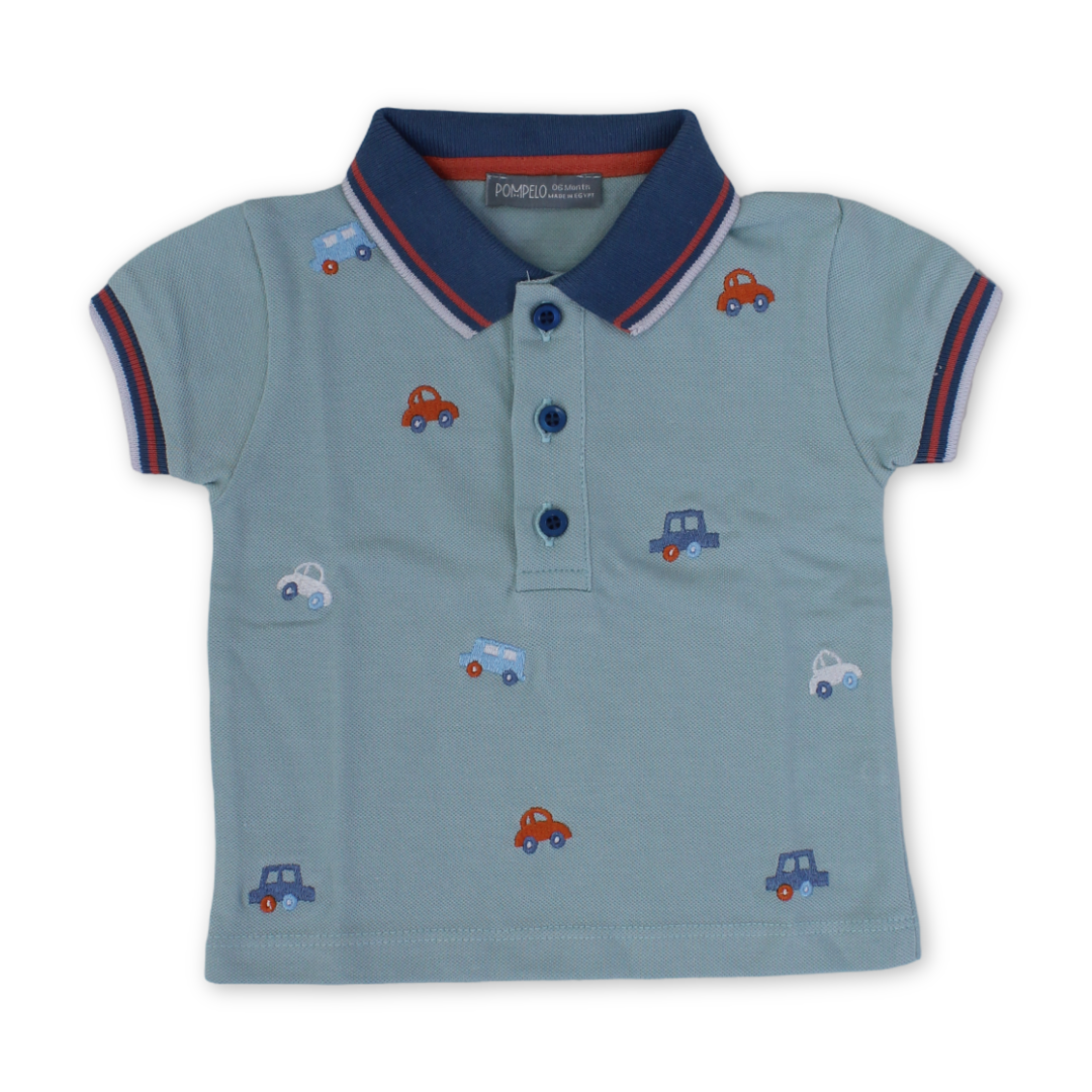 Baby Boys Cotton Polo – Aqua with Cars Embroidery - Clothing - Pompelo