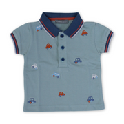 Baby Boys Cotton Polo – Aqua with Cars Embroidery