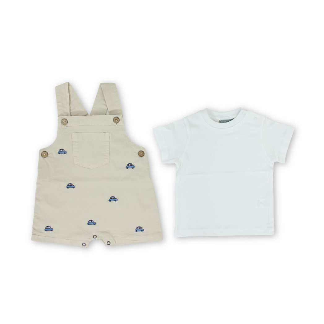 Baby Boys Cotton 2-Piece Outfit Set – Beige with Car Embroidery