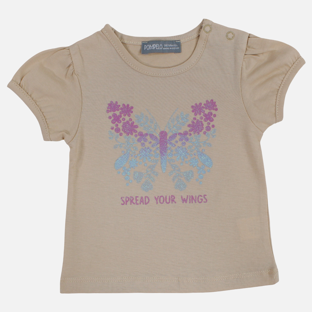 Baby Girls Cotton T-Shirt – Beige with Butterfly Design