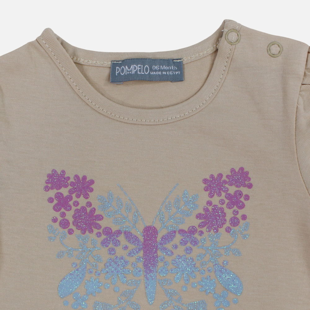 Baby Girls Cotton T-Shirt – Beige with Butterfly Design