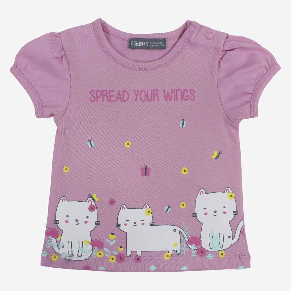Baby Girls Cotton T-Shirt – Pink with Cute Kittens Print