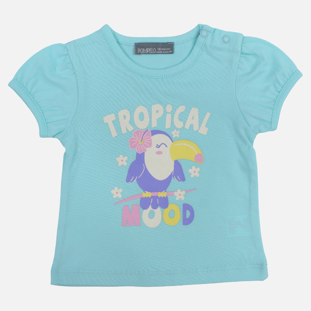Baby Girls Cotton T-Shirt – Aqua with Parrot Design