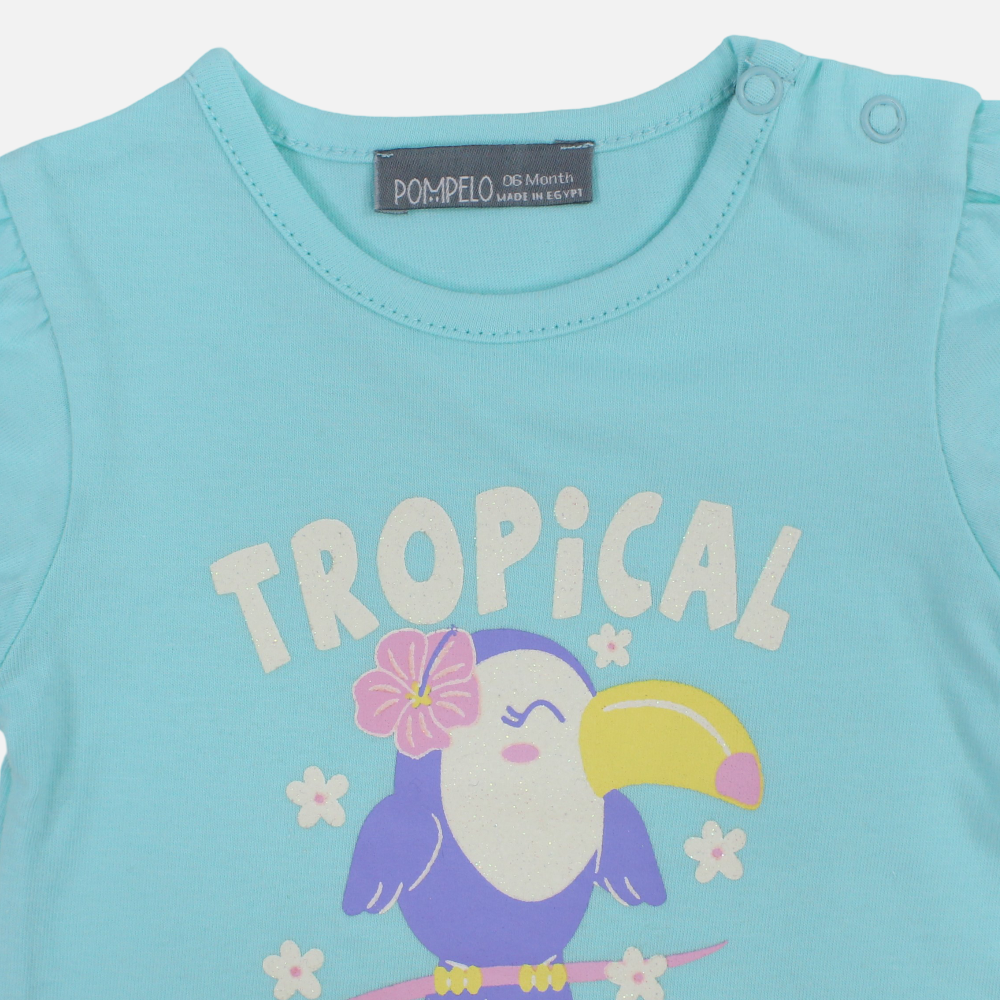 Baby Girls Cotton T-Shirt – Aqua with Parrot Design