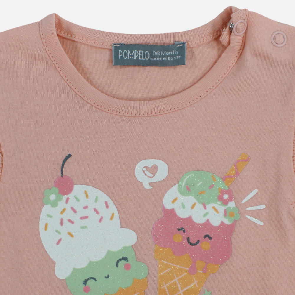 Baby Girls Cotton T-Shirt - Salmon with Ice Cream Design