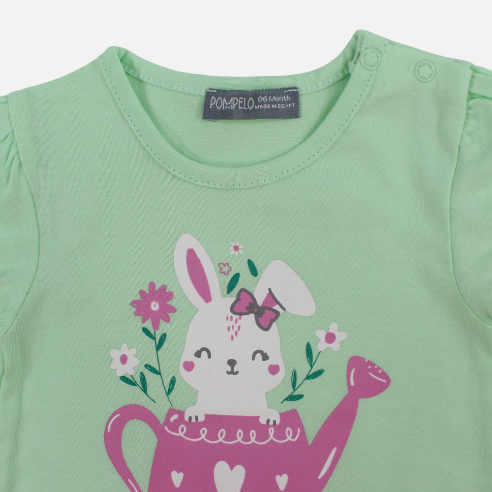 Baby Girls Cotton T-Shirt - Light Green with Bunny in a Pot Design