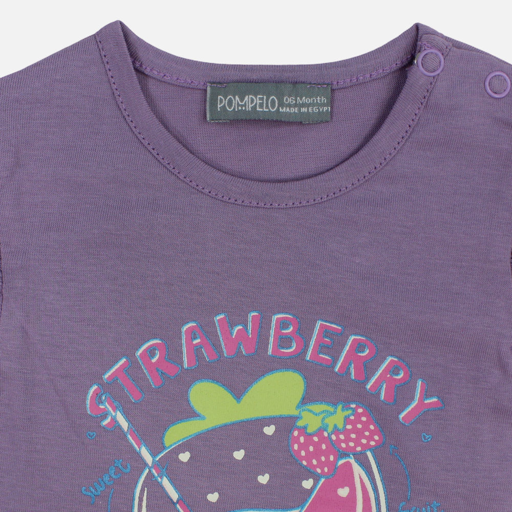 Baby Girls Cotton T-Shirt - Purple with Strawberry Juice Print