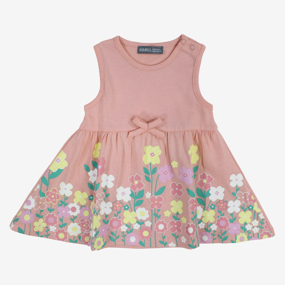 Baby Girls Cotton Dress - Salmon with Cute Little Flowers