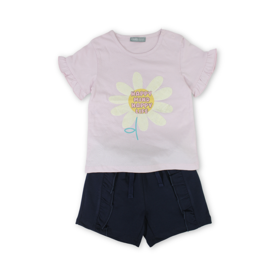 Baby Girls Cotton 2-Piece Outfit Set – Pink with Flowers Print - Clothing - Pompelo
