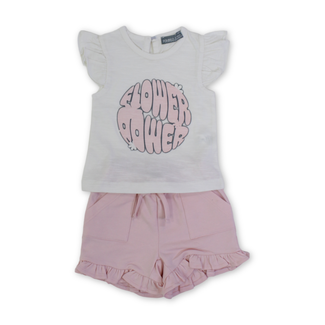 Baby Girls Outfit Set – Off-White with "Flower Power" Print