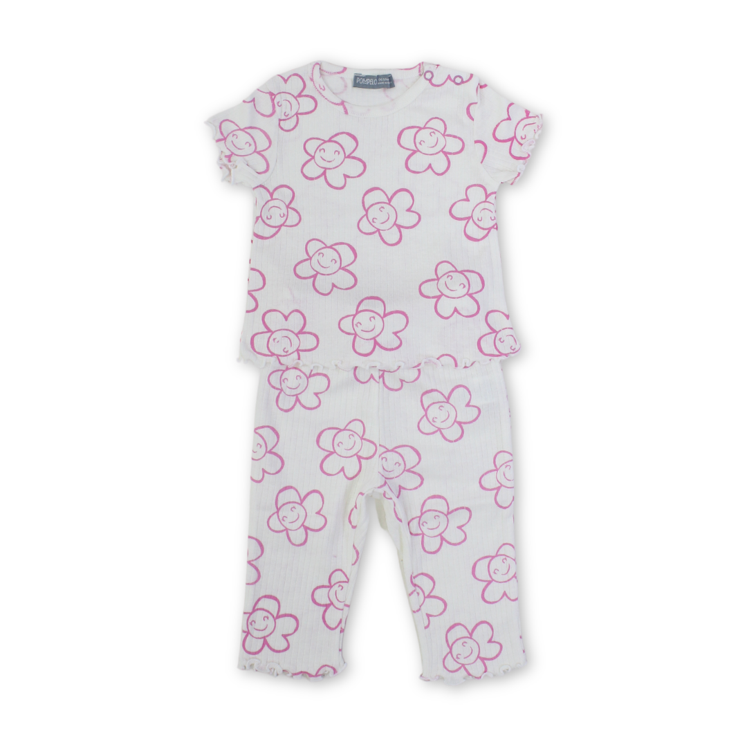 Baby Girls Cotton Outfit Set – Off-White with Flowers Print